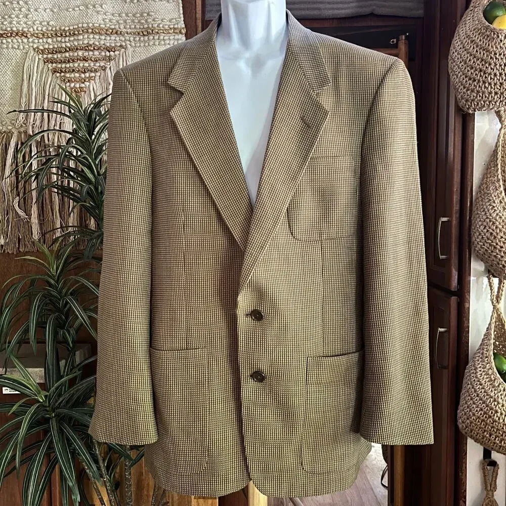 Vintage Austin Reed Wool Sport Coat 40R Tan Houndstooth USA Made Union Blazer
